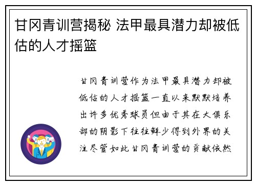 甘冈青训营揭秘 法甲最具潜力却被低估的人才摇篮