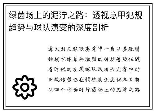 绿茵场上的泥泞之路：透视意甲犯规趋势与球队演变的深度剖析